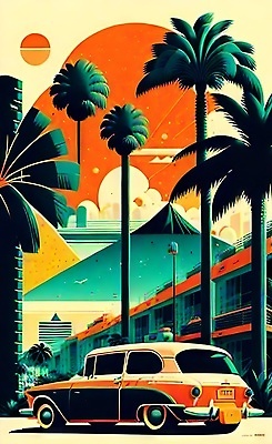 JPG 해외이미지 포스터 도로 여행 일러스트 자동차 사람없음 건물 야자수 태양 도시 빈티지 복고 마이애미 해외202309 해외일러스트 자연요소 나무 건축물 길 육상교통 컨셉 교통시설 파일형식