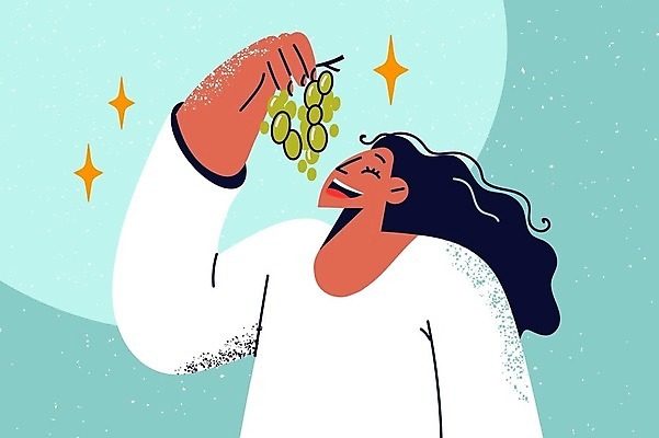 EPS 해외이미지 여자 과일 일러스트 포도 건강 한명 들기 성인 먹기 건강식 성인여자한명만 해외202309 해외일러스트 1 음식 모션 사람 여자한명만 성인여자만 파일형식 벡터