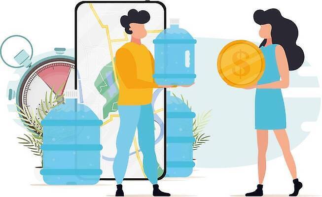 EPS 해외이미지 여자 남자 지도 일러스트 들기 성인 두명 물 스마트폰 노란색 동전 신선 물통 스톱워치 성인만 배달비 해외202309 해외일러스트 자연요소 시계 컬러 돈 모션 사람 핸드폰 스마트기기 배송 파일형식 벡터 비용