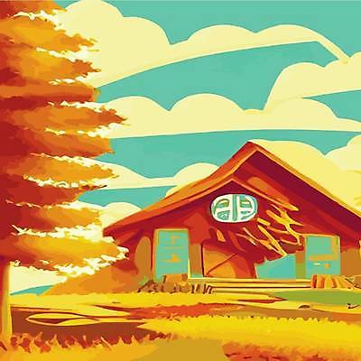 EPS 해외이미지 나무 일러스트 주택 사람없음 노란색 숲 해외202309 해외일러스트 식물 컬러 건물 파일형식 벡터