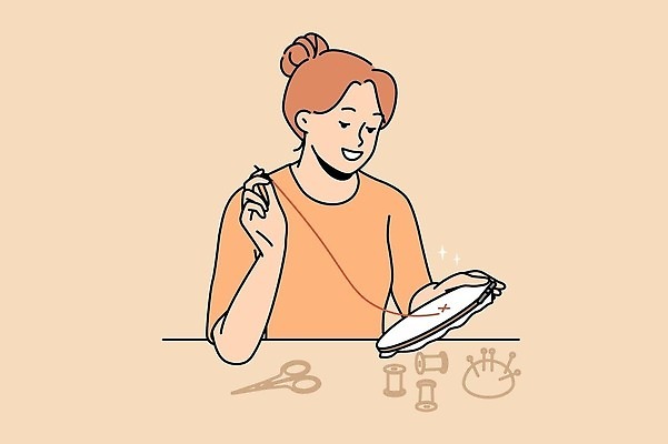 EPS 해외이미지 여자 일러스트 한명 들기 상반신 성인 취미 주황색 실 바느질도구 바느질 자수 성인여자한명만 해외202309 해외일러스트 1 컬러 모션 사람 오브젝트 여자한명만 성인여자만 파일형식 벡터