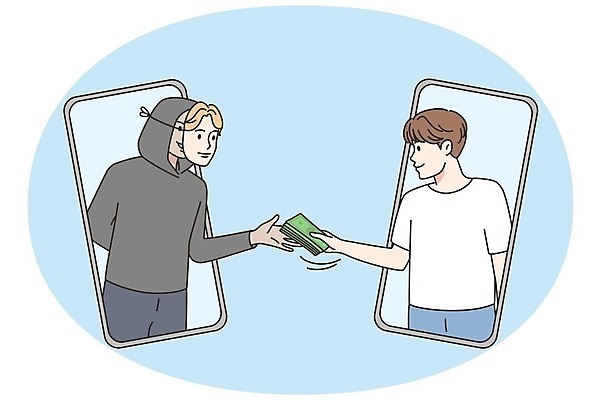 EPS 해외이미지 남자 지폐 일러스트 가면 상반신 성인 두명 스마트폰 주기 성인남자만 모바일피싱 해외202309 해외일러스트 돈 모션 사람 핸드폰 스마트기기 피싱 남자만 성인만 파일형식 벡터