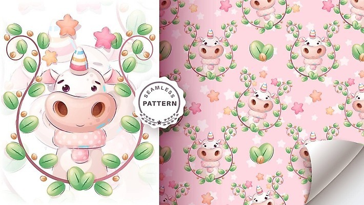 EPS 해외이미지 캐릭터 별 잎 패턴 일러스트 사람없음 귀여움 유니콘 해외202309 해외일러스트 일러캐릭터 자연요소 식물 컨셉 무늬 파일형식 벡터