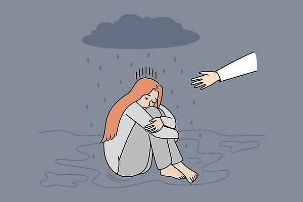 EPS 해외이미지 전신 손 여자 일러스트 한명 앉기 성인 신체부위 비 웅덩이 비구름 웅크림 손뻗기 우울감 우울증 성인여자한명만 해외202309 해외일러스트 자연요소 1 감정 모션 날씨 사람 질병 먹구름 여자한명만 성인여자만 파일형식 벡터 구름_자연