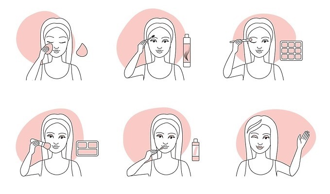 EPS 해외이미지 모양 캐릭터 디자인 여자 얼굴 선 백그라운드 신체 일러스트 그림자 세트 뷰티 페인트 화장품 거울 립스틱 붓 팔레트 상품 만화 가루 눈썹 속눈썹 수집 피부 입술 마스카라 그림 만들기 윤곽 아이섀도 단계 스펀지 돌봄 방법 얇은 엘리먼트 벡터 해외202309 해외일러스트 일러캐릭터 모션 사람 신체부위 파일형식