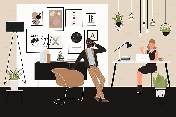 EPS 해외이미지 전신 여자 남자 화분 의자 일러스트 들기 앉기 성인 두명 노트북 스마트폰 사무실 업무 비즈니스맨 비즈니스우먼 통화 성인만 해외202309 해외일러스트 가구 비즈니스 모션 사람 전자제품 핸드폰 스마트기기 작업 직장인 파일형식 벡터