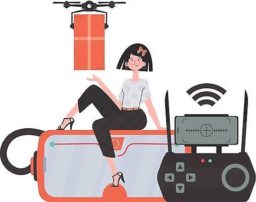 EPS 해외이미지 전신 여자 일러스트 미래 한명 앉기 손짓 성인 기계 화물 고객 스마트 배송 택배상자 로봇산업 드론 조종장치 성인여자한명만 해외202309 해외일러스트 1 산업 컨셉 모션 사람 상자 장비 운송업 로봇 택배 여자한명만 성인여자만 파일형식 벡터