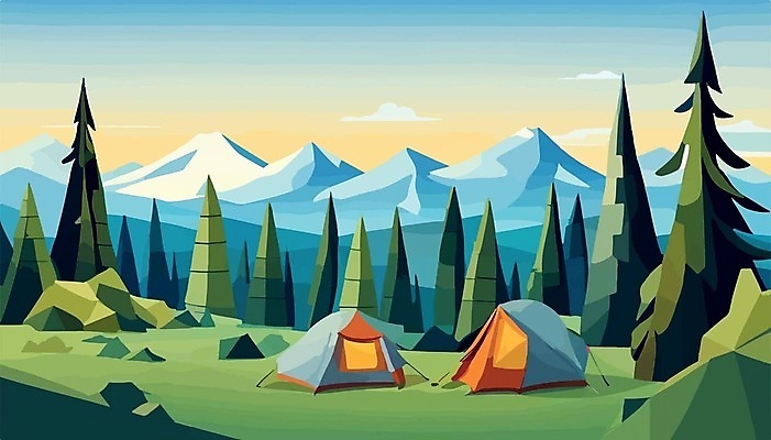 EPS 해외이미지 나무 여행 일러스트 산 텐트 사람없음 캠핑 모닥불 캠핑장 해외202309 해외일러스트 식물 불 레저 캠핑도구 파일형식 벡터