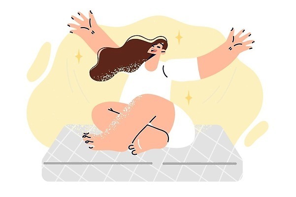 EPS 해외이미지 전신 여자 일러스트 한명 앉기 성인 운동 건강관리 기쁨 만세 상쾌 고개들기 매트리스 성인여자한명만 해외202309 해외일러스트 1 감정 모션 건강 관리 사람 여자한명만 성인여자만 파일형식 벡터