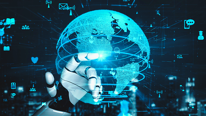 JPG 해외이미지 손 일러스트 미래 기술 신체부위 파란색 지구본 3D 디지털 터치 가리킴 네트워크 로봇 해외202309 해외포토 포토 컬러 컨셉 사람 손짓 디지털합성 파일형식