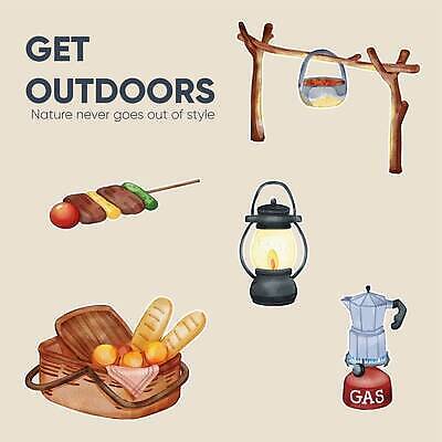 EPS 해외이미지 음식 빵 여행 스티커 자연 사람없음 소풍 캠핑 분위기 모닥불 해외202309 해외일러스트 컨셉 불 레저 야외활동 생태계 파일형식 벡터