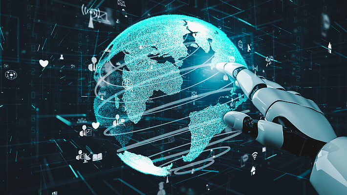 JPG 해외이미지 손 일러스트 미래 기술 신체부위 파란색 지구본 3D 디지털 터치 가리킴 네트워크 로봇 해외202309 해외포토 포토 컬러 컨셉 사람 손짓 디지털합성 파일형식