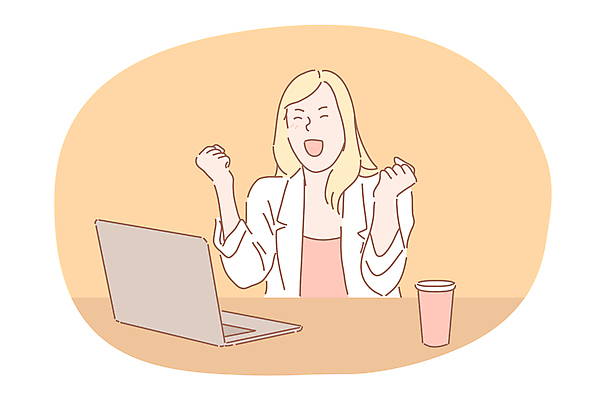 EPS 해외이미지 여자 행복 커피 일러스트 비즈니스 한명 성인 노트북 주먹 책상 즐거움 성인여자한명만 해외202309 해외일러스트 1 감정 음료 가구 모션 사람 전자제품 여자한명만 성인여자만 파일형식 벡터