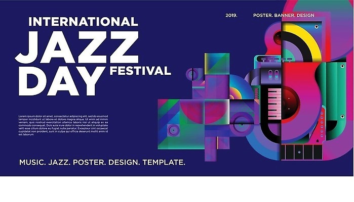 EPS 해외이미지 포스터 일러스트 추상 사람없음 컬러풀 기타 피아노건반 남색 기하학 재즈 음악축제 해외202309 해외일러스트 음악 컬러 무늬 현악기 축제 건반 피아노 파일형식 벡터