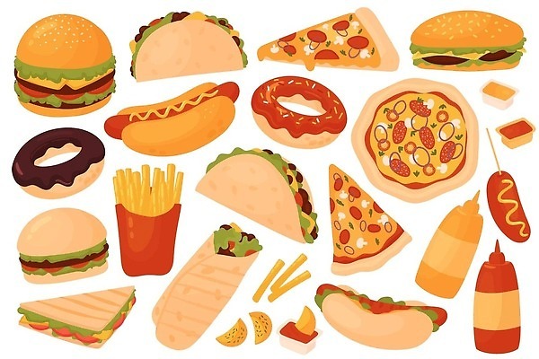 EPS 해외이미지 음식 일러스트 피자 샌드위치 사람없음 감자튀김 햄버거 도넛 케첩 머스터드 핫도그 타코 나쵸 치킨랩 해외202309 해외일러스트 디저트 감자 패스트푸드 서양음식 튀김 소스_음식 파일형식 벡터