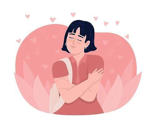 EPS 해외이미지 여자 분홍색 일러스트 안기 사랑 한명 상반신 성인 눈감음 귀걸이 하트 성인여자한명만 자존감 자기애 해외일러스트 모양 1 감정 컬러 장신구 모션 사람 여자한명만 성인여자만 파일형식 벡터