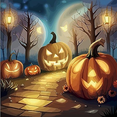 EPS 해외이미지 나무 일러스트 호박 사람없음 어둠 할로윈 야간 잭오랜턴 해외202309 해외일러스트 자연요소 식물 채소 파일형식 벡터