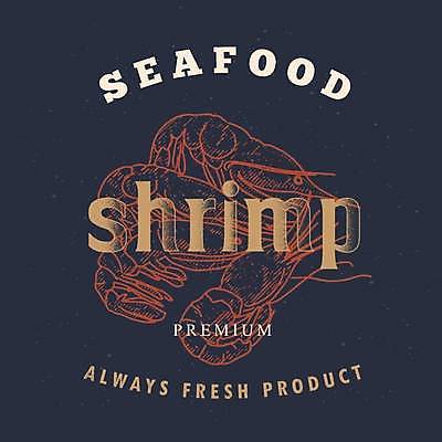 EPS 해외이미지 영어 리본 일러스트 새우 타이포그라피 사람없음 빈티지 남색 라인아트 해산물 해외202309 해외일러스트 문자 선 컬러 컨셉 갑각류 파일형식 벡터