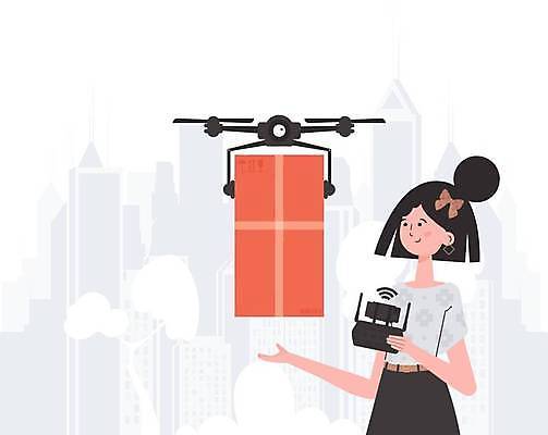 EPS 해외이미지 여자 일러스트 미래 한명 들기 손짓 상반신 성인 화물 고객 스마트 배송 택배상자 로봇산업 드론 조종장치 성인여자한명만 해외202309 해외일러스트 1 산업 컨셉 모션 사람 상자 장비 운송업 로봇 택배 여자한명만 성인여자만 파일형식 벡터