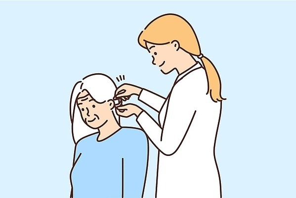 EPS 해외이미지 여자 노년 일러스트 들기 상반신 성인 두명 치료 환자 의사 의사가운 보청기 여자만 해외202309 해외일러스트 의학 모션 사람 의료진 가운 파일형식 벡터