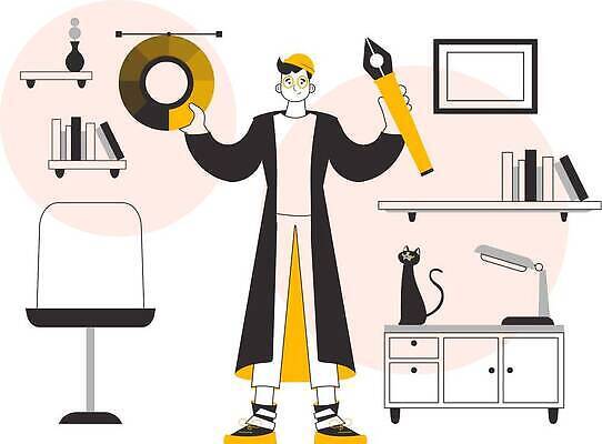 EPS 해외이미지 전신 남자 액자 의자 일러스트 선반 한명 서기 들기 성인 책 만년필 노란색 검은색 스탠드 원형 작업실 라인아트 서랍장 컬러리스트 성인남자한명만 안경낌 반려묘 해외202309 해외일러스트 컬러칩 도형 직업 1 안경 선 컬러 가구 모션 조명 사람 반려동물 펜 고양이 남자한명만 성인남자만 파일형식 벡터