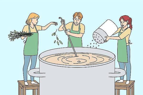 EPS 해외이미지 전신 여자 남자 일러스트 들기 상반신 성인 세명 요리사 앞치마 수프 냄비 뿌리기 허브 국자 소금 요리중 성인만 젓기 해외202309 해외일러스트 식물 직업 모션 주방용품 사람 솥 파일형식 벡터