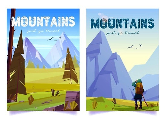 EPS 해외이미지 배너 포스터 일러스트 자연 산 사람없음 초록색 세트 여행객 트래킹 하이킹 막대기 하이커 해외202309 해외일러스트 컬러 여행 레저 사람 생태계 파일형식 벡터