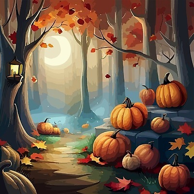 EPS 해외이미지 나무 단풍 일러스트 호박 사람없음 야외 어둠 할로윈 야간 해외202309 해외일러스트 자연요소 식물 잎 채소 파일형식 벡터