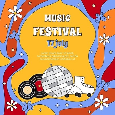 EPS 해외이미지 꽃 포스터 별 나비 일러스트 사람없음 빨간색 파란색 반짝임 노란색 복고 미러볼 롤러스케이트화 음악축제 키치 해외202309 해외일러스트 자연요소 식물 음악 컬러 곤충 컨셉 모션 장식 축제 롤러블레이드 파일형식 벡터