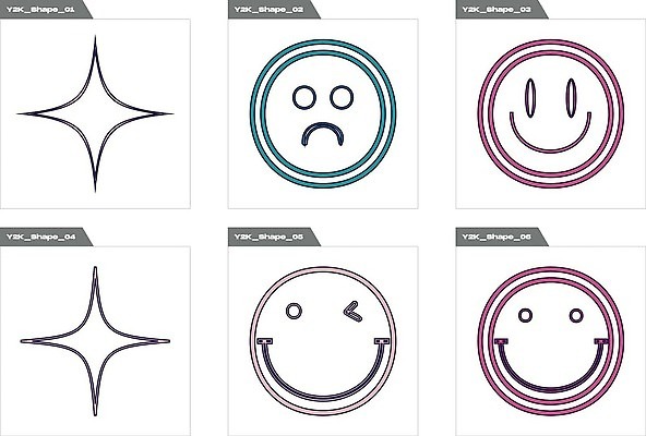 EPS 해외이미지 일러스트 추상 윙크 사람없음 그래픽 반짝임 세트 찡그림 라인아트 복고 엘리먼트 Y2K 해외202309 해외일러스트 선 컨셉 무늬 모션 표정 파일형식 벡터
