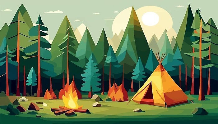 EPS 해외이미지 나무 여행 일러스트 산 텐트 사람없음 캠핑 모닥불 캠핑장 해외202309 해외일러스트 식물 불 레저 캠핑도구 파일형식 벡터