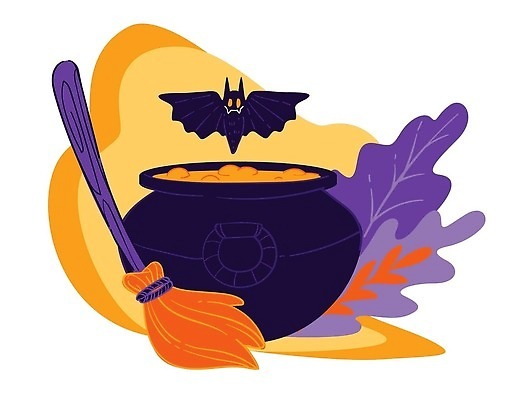 EPS 해외이미지 잎 일러스트 사람없음 보라색 주황색 솥 빗자루 점성술 박쥐 마법 환상 해외202309 해외일러스트 식물 컬러 컨셉 포유류 주방용품 청소도구 파일형식 벡터