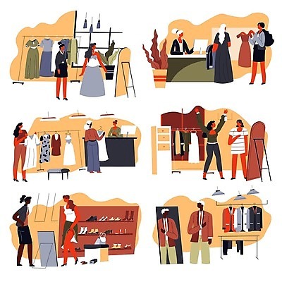 EPS 해외이미지 전신 원피스 여자 남자 신발 일러스트 창문 들기 정장 여러명 성인 손들기 만세 거울 직원 옷가게 추천 포스기 성인만 해외202309 해외일러스트 옷 다수 모션 사람 상점 기계 파일형식 벡터