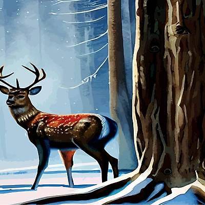 EPS 해외이미지 나무 한마리 야생동물 겨울 일러스트 사슴 사람없음 숲속 해외202309 해외일러스트 식물 동물 1 계절 포유류 숲 파일형식 벡터