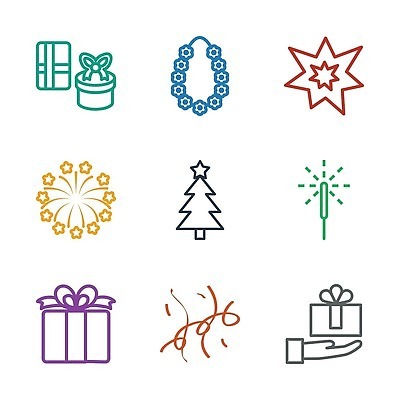 EPS 해외이미지 리본 일러스트 폭죽 사람없음 선물상자 컬러풀 크리스마스트리 심볼 오브젝트 손모양 해외202309 해외일러스트 모양 컬러 크리스마스 선물 상자 파일형식 벡터 손_신체부위