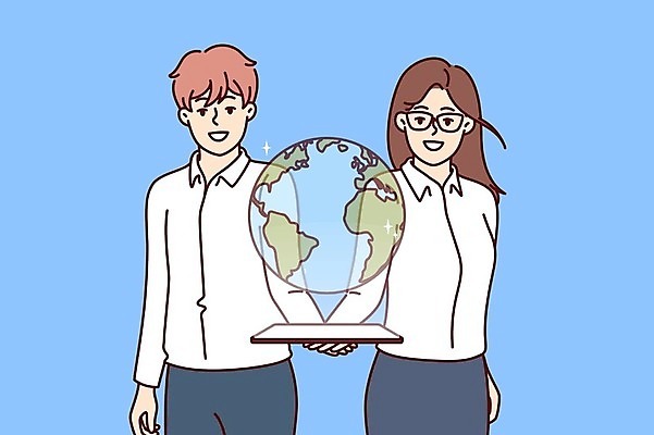 EPS 해외이미지 여자 남자 지구 인터넷 일러스트 협력 들기 상반신 성인 두명 비즈니스맨 인터페이스 성인만 안경낌 해외202309 해외일러스트 안경 비즈니스 모션 사람 직장인 파일형식 벡터