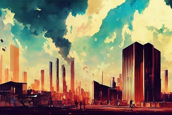 JPG 해외이미지 일러스트 하늘 빌딩 성인 사람없음 컬러풀 도시 분위기 군중 성인만 해외202309 해외일러스트 컬러 컨셉 사람 건물 파일형식