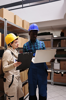 포토 JPG 해외이미지 백인 여자 남자 흑인 노동자 실내 들기 상반신 성인 두명 앞모습 옆모습 노트북 상자 작업 안전모 물류창고 체크리스트 성인만 해외202309 해외포토 서양인 직업 뷰포인트 모션 사람 내부 전자제품 헬멧 안전장비 창고 파일형식