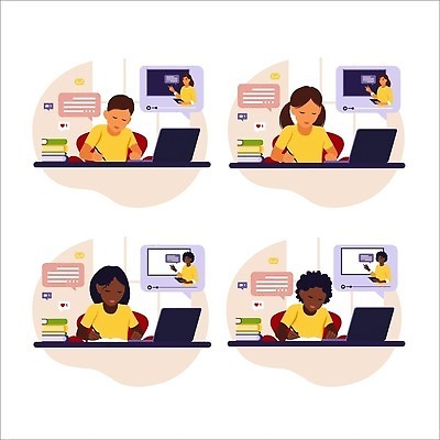 EPS 해외이미지 여자 남자 어린이 말풍선 일러스트 소년 여러명 상반신 성인 노트북 학습 기록 온라인강의 책더미 해외202309 해외일러스트 교육 다수 사람 책 전자제품 강의 무더기 파일형식 벡터 언택트