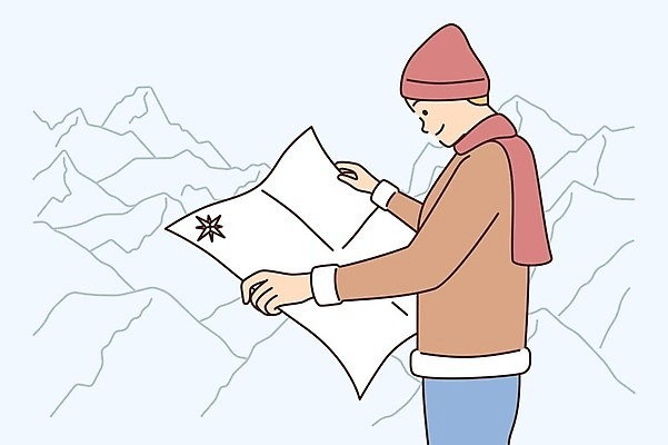 EPS 해외이미지 남자 행복 지도 일러스트 산 한명 들기 상반신 성인 목도리 트래킹 성인남자한명만 해외202309 해외일러스트 1 잡화 감정 모션 레저 사람 남자한명만 성인남자만 파일형식 벡터