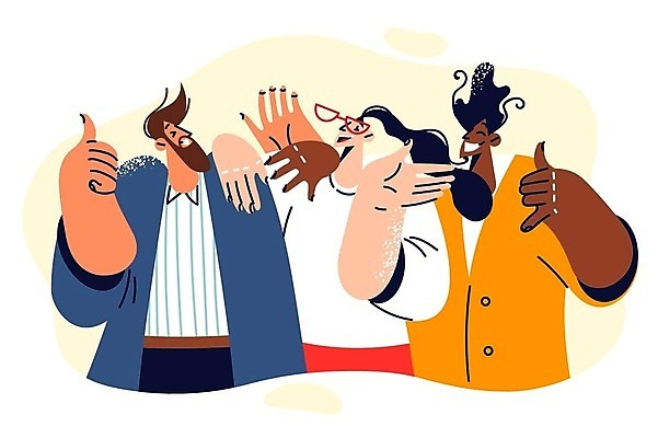 EPS 해외이미지 여자 남자 행복 일러스트 함께함 웃음 손짓 성인 세명 기쁨 비즈니스맨 비즈니스우먼 동료 다인종 성인만 안경낌 어깨에손 해외202309 해외일러스트 감정 안경 컨셉 비즈니스 관계 모션 표정 사람 인종 직장인 파일형식 벡터