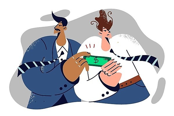 EPS 해외이미지 응시 남자 지폐 돈 일러스트 비즈니스 성인 두명 비즈니스맨 주기 획득 뇌물 부정부패 불법 성인남자만 해외202309 해외일러스트 시선 모션 사람 직장인 범죄 재산 남자만 성인만 파일형식 벡터