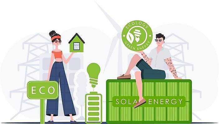 EPS 해외이미지 전신 여자 남자 잎 일러스트 전구 서기 들기 앉기 성인 두명 초록색 표지판 원형 그린에너지 건전지 심볼 에코 친환경 성인만 집모양 해외202309 해외일러스트 모양 도형 식물 컬러 모션 알림판 사람 환경 에너지 파일형식 벡터