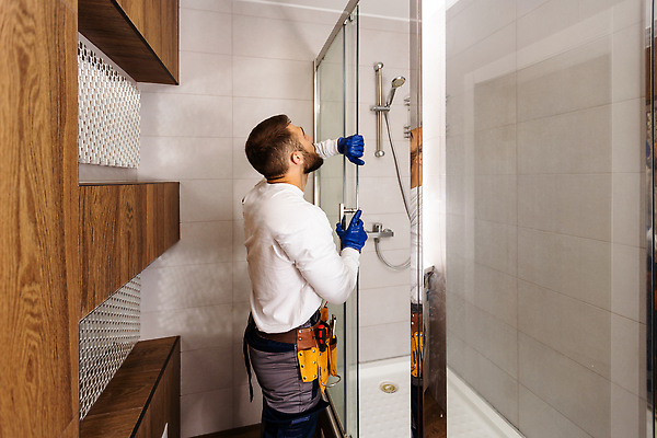 포토 JPG 해외이미지 남자 유니폼 유리 노동자 한명 상반신 성인 옆모습 욕실 업무 수리 청소 유지 샤워실 성인남자한명만 해외202309 해외포토 직업 1 옷 뷰포인트 재질 사람 작업 샤워시설 남자한명만 성인남자만 파일형식