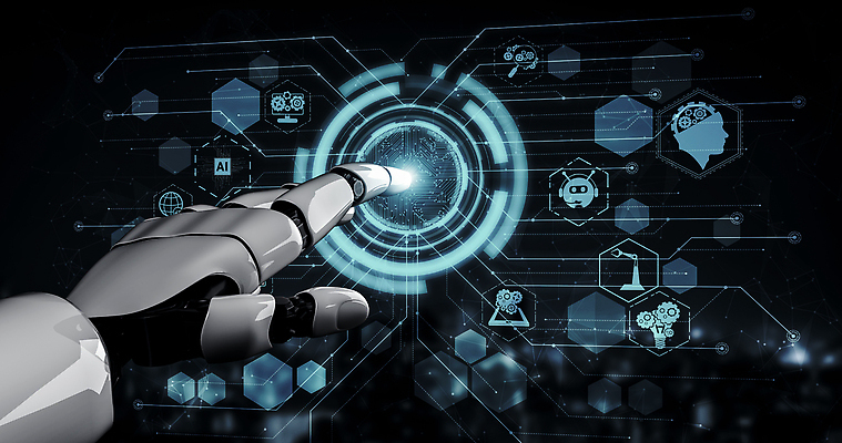 JPG 해외이미지 손 일러스트 미래 기술 신체부위 파란색 3D 디지털 터치 가리킴 네트워크 로봇 톱니바퀴 해외202309 해외포토 포토 컬러 컨셉 사람 손짓 디지털합성 파일형식