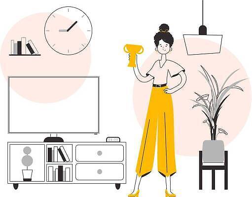 EPS 해외이미지 전신 식물 여자 화분 시계 일러스트 조명 선반 한명 서기 들기 성인 책 노란색 검은색 텔레비전 작업실 트로피 라인아트 성인여자한명만 해외202309 해외일러스트 1 선 컬러 가구 모션 사람 전자제품 상_우승 여자한명만 성인여자만 파일형식 벡터