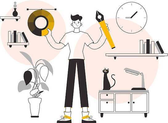 EPS 해외이미지 전신 식물 남자 화분 시계 일러스트 선반 한명 서기 들기 성인 책 만년필 노란색 검은색 스탠드 원형 작업실 라인아트 서랍장 컬러리스트 성인남자한명만 반려묘 해외202309 해외일러스트 컬러칩 도형 직업 1 선 컬러 가구 모션 조명 사람 반려동물 펜 고양이 남자한명만 성인남자만 파일형식 벡터