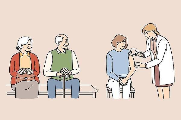 EPS 해외이미지 여자 노년 남자 일러스트 주사기 앉기 여러명 상반신 성인 의사 예방접종 백신접종 해외202309 해외일러스트 다수 의료기기 모션 사람 의료진 백신 접종 파일형식 벡터