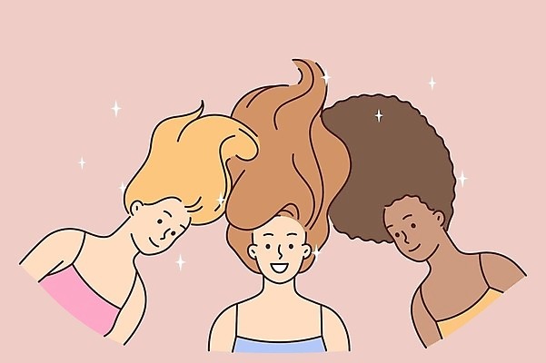 EPS 해외이미지 여자 행복 일러스트 인종 상반신 성인 세명 반짝임 머리카락 성인여자만 해외202309 해외일러스트 감정 모션 사람 머리 여자만 성인만 파일형식 벡터