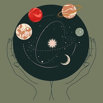 EPS 해외이미지 손 선 일러스트 신체부위 행성 원형 점성술 마법 환상 해외202309 해외일러스트 도형 컨셉 사람 우주 파일형식 벡터